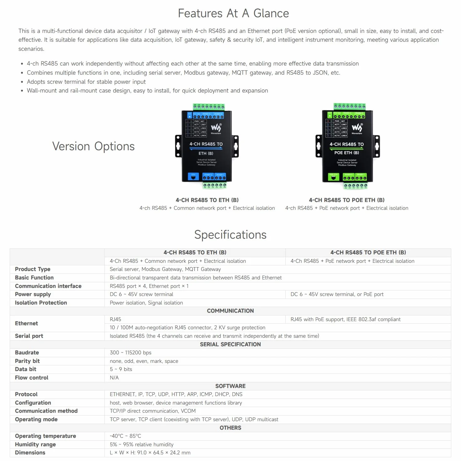 Waveshare 4-Ch RS485 to RJ45 Ethernet Serial Server, 4 Channels RS485 Independent Operation, Rail-Mount Industrial Isolated Serial Module, Modbus Gateway, PoE Ethernet Port