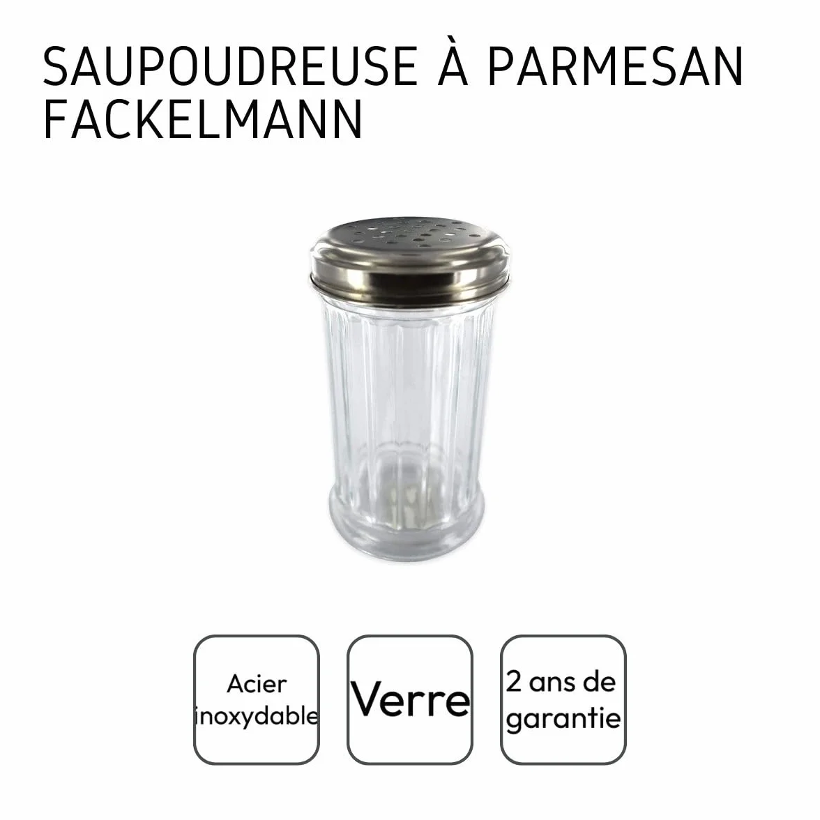 Fackelmann Zraszacz do cukru pudru lub parmezanu, szkło, stal nierdzewna, 13,5 x 7,5 x 7,5 cm