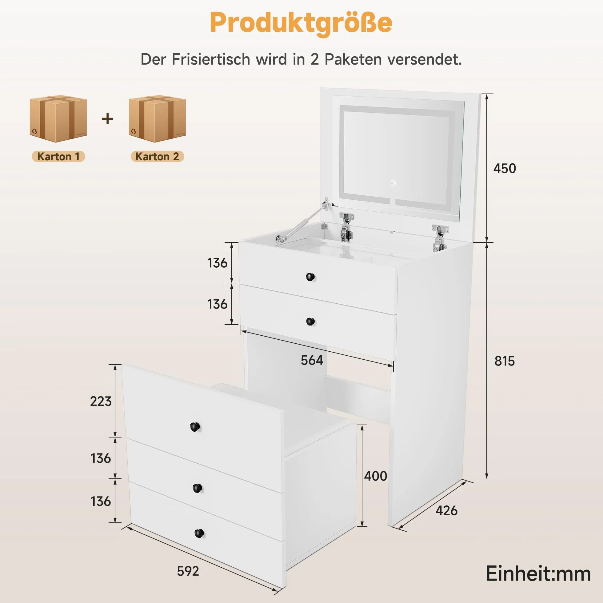 SONNI Toaletka 3 w 1 ze składanym lustrem i diodami LED, toaletka z widocznym szklanym blatem, 4 szuflady, taboret do przechowywania z 4 uniwersalnymi rolkami, toaletka do sypialni, biała, 60 x 45 x