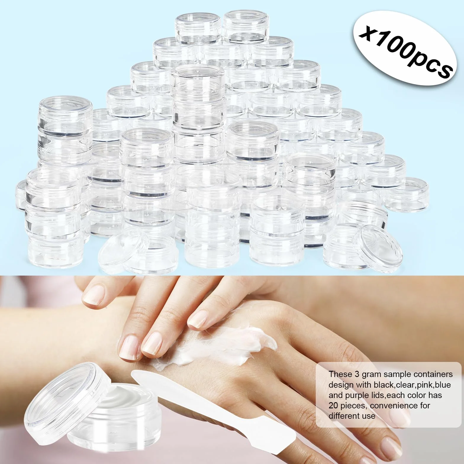 100 sztuk pustych pojemników na próbki, 3 g/3 ml, puste pojemniki na krem, słoiczek, słoik, pojemnik na próbki, puste słoiczki, puste pojemniki na próbki, kremy w proszku (przezroczyste)