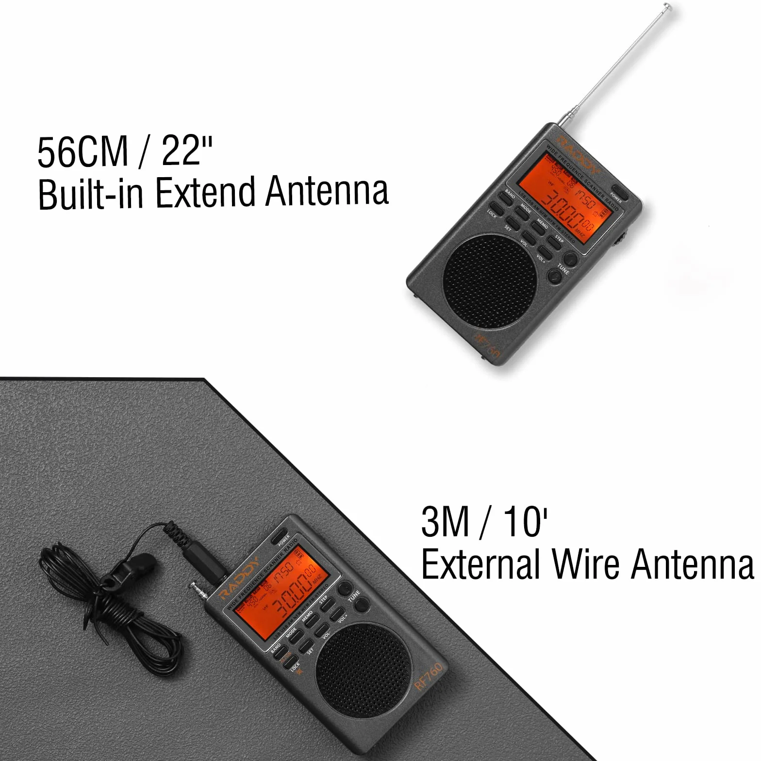 Raddy RF760 szerokopasmowe radio krótkofalowe, wielopasmowe radio FM/AM/SW/CB/VHF(UHF)/WX/Air, cyfrowe radio z możliwością ładowania z gniazdem słuchawkowym, 3 m antena druciana
