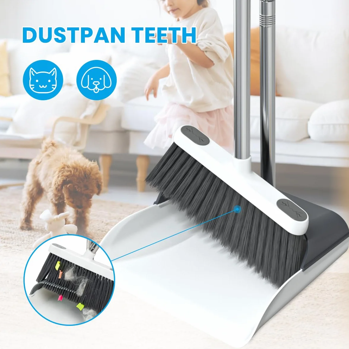 TreeLen Broom with Dustpan Combo Set 50" Długi Uchwyt Standing Dustpan for Household Lobby Kitchen Office Floor Cleaning