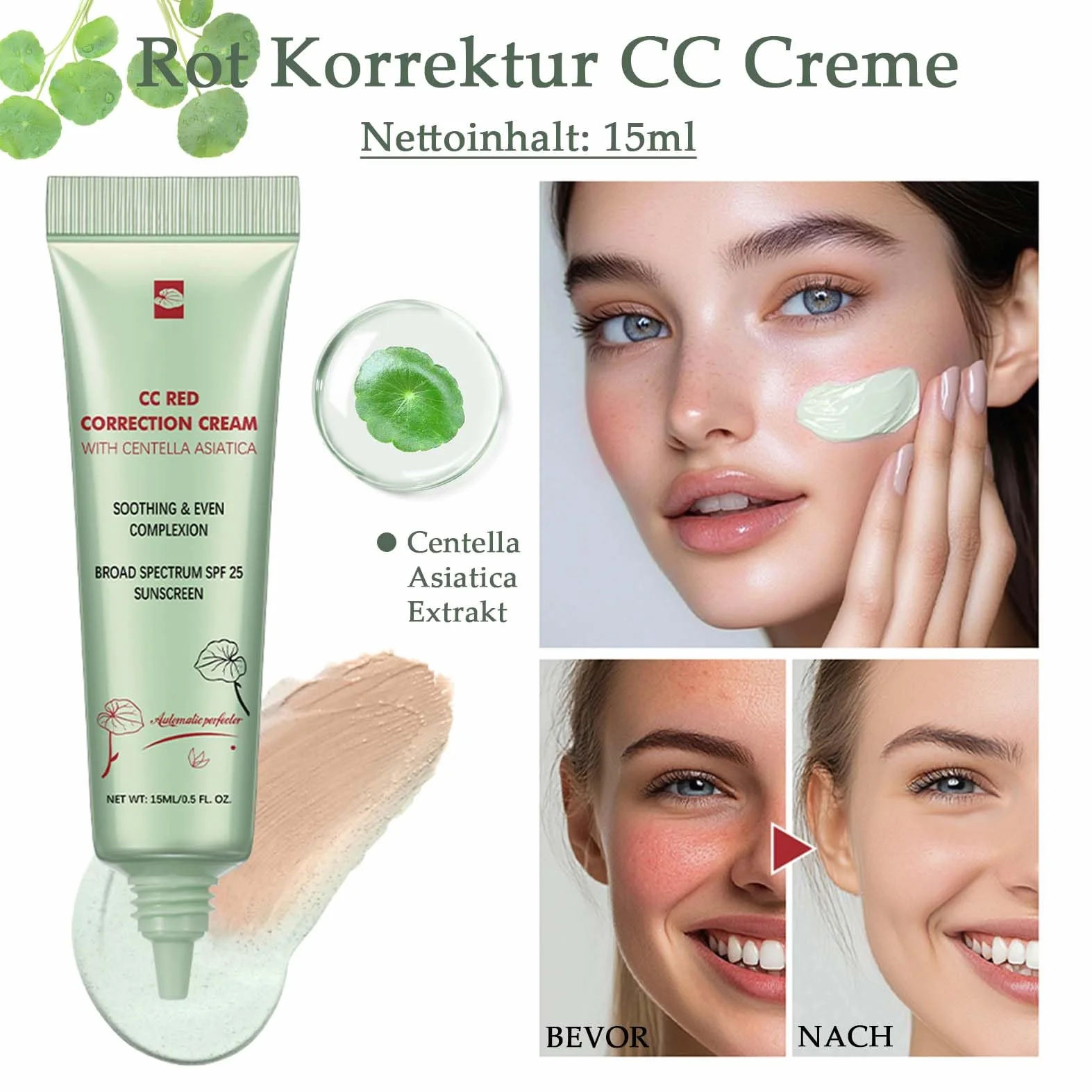 CC Cream Red Correct, krem CC przeciwko zaczerwienieniom z Centella Asiatica, koreański podkład do makijażu z SPF 25, korektor Full Cover o działaniu uspokajającym, zapewnia naturalnie równomierny