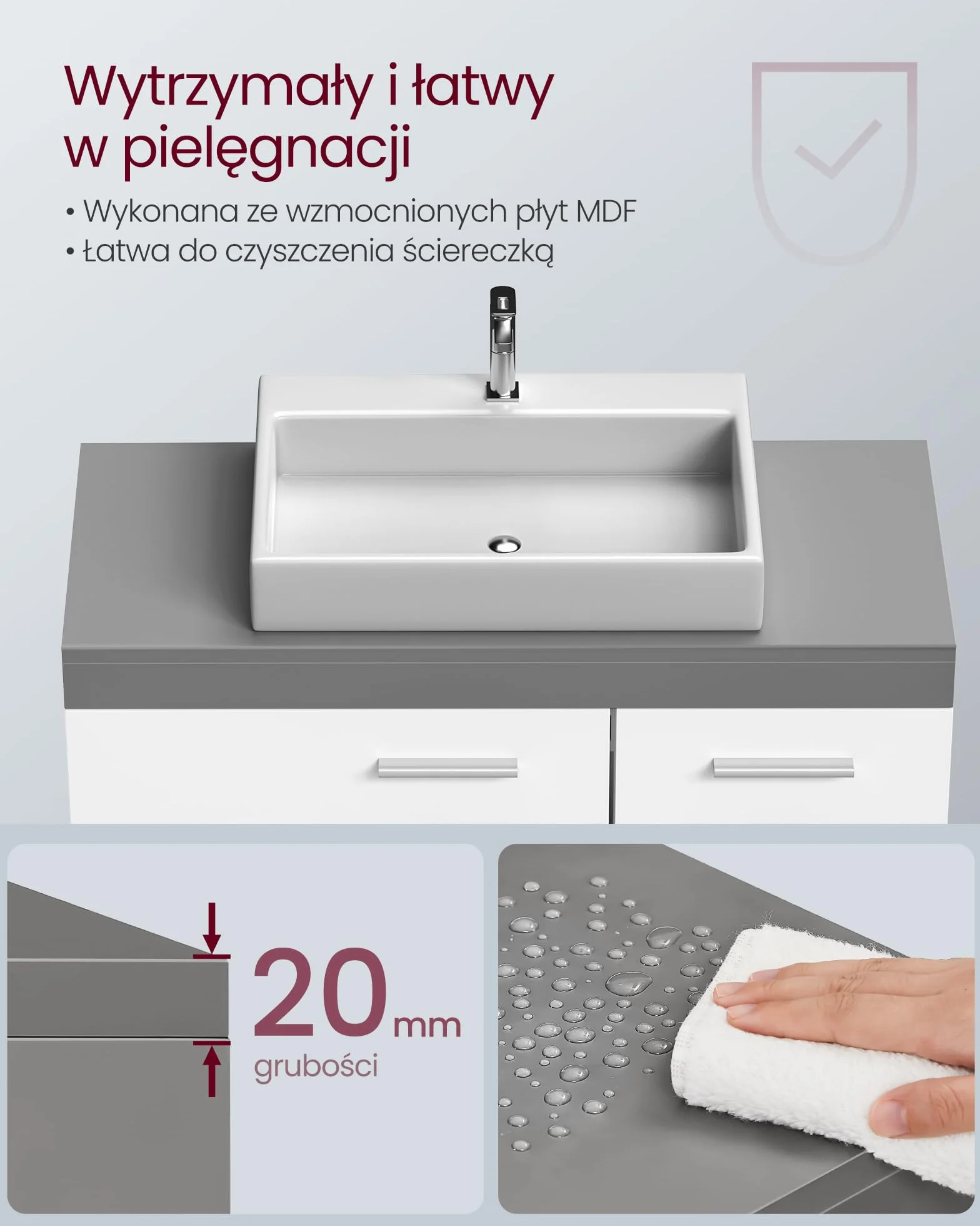 VASAGLE Szafka pod umywalkę łazienkowa 3 szuflady 2 przegrody 30x70x64 cm szary cementowy biała chmura