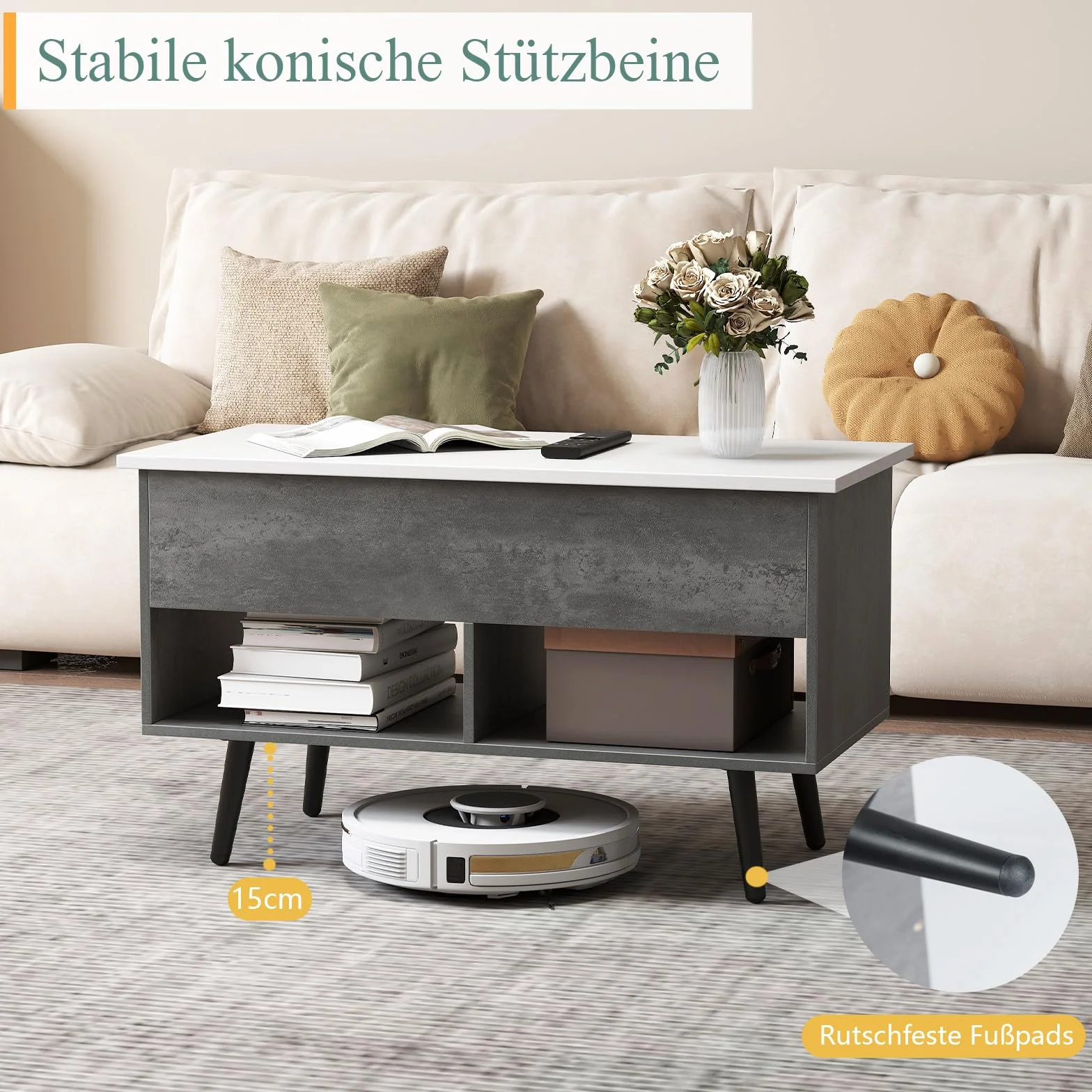 COSTWAY Stolik kawowy z regulacją wysokości, stolik do sofy z podnoszonym blatem i 2 otwartymi półkami, wysuwany stół do salonu, stolik kawowy z drewna, do salonu, biura, 80 x 40 x 46-60 cm (szary)