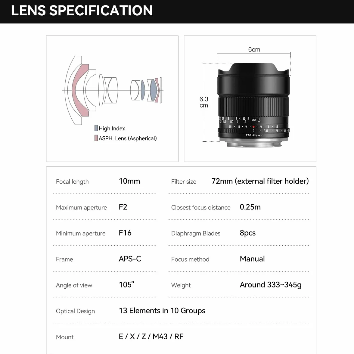 TTARTISAN 10 mm F2.0 APS-C ASPH. Ultra szerokokątny obiektyw aparatu ręcznego ustawiania ostrości przenośny obiektyw do montażu Fuji X