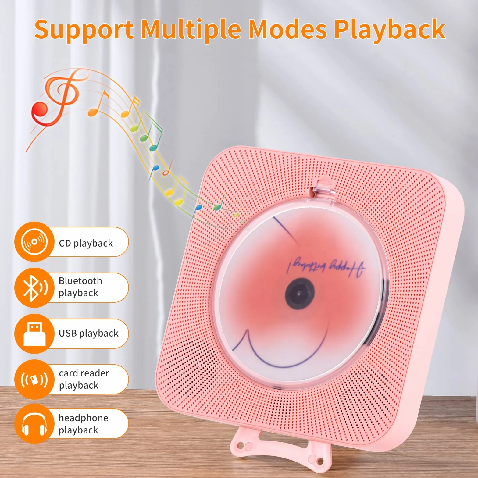 Yintiny Uroczy różowy odtwarzacz CD z Bluetooth 5.0, ładowalny, do dekoracji wnętrz, przenośny, piękny, pilot zdalnego sterowania, wejście AUX i USB