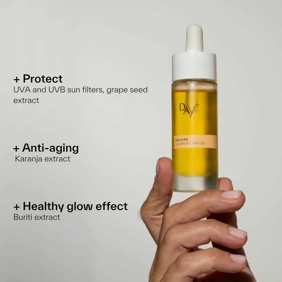 DAY+ | UV DROPS SPF 50 | Serum do twarzy o wysokiej ochronie przeciwsłonecznej | Chroni przed UVA/UVB, zwalcza zmarszczki i starzenie się skóry, nawilżenie | Karanja, pestki winogron | Butelka 30 ml