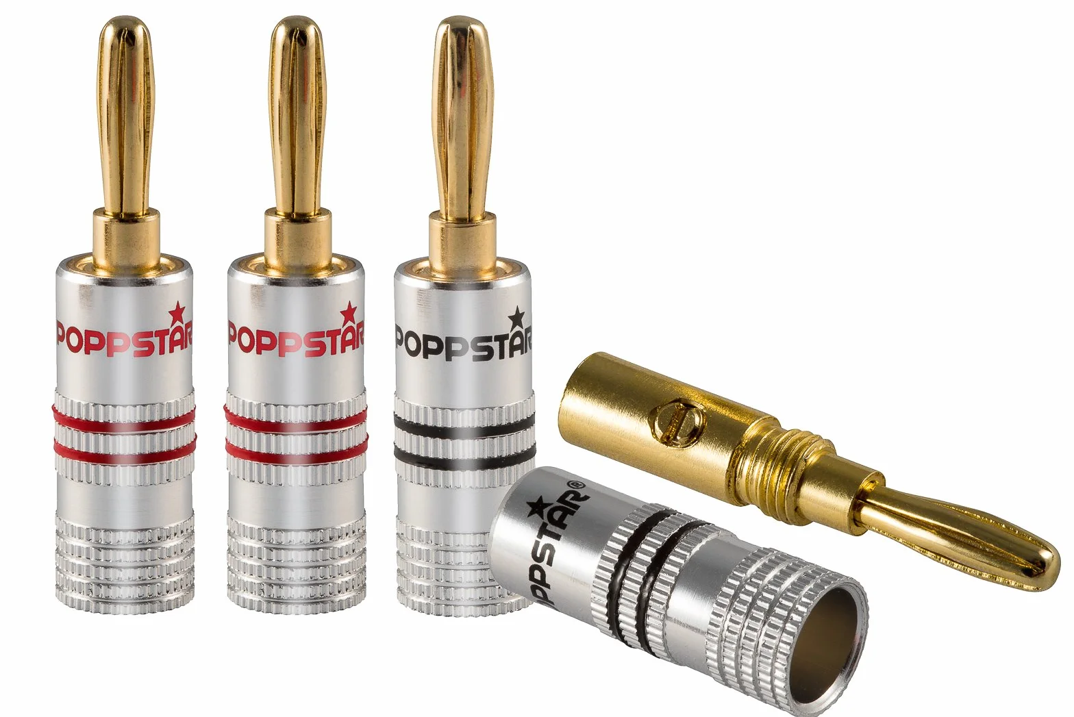 Poppstar 4 wtyki bananowe Hi-End (do 4mm² z połączeniem śrubowym, lutowane do 6 mm², pozłacane styki 24k, obudowa aluminiowa, 2 czarne, 2 czerwone)