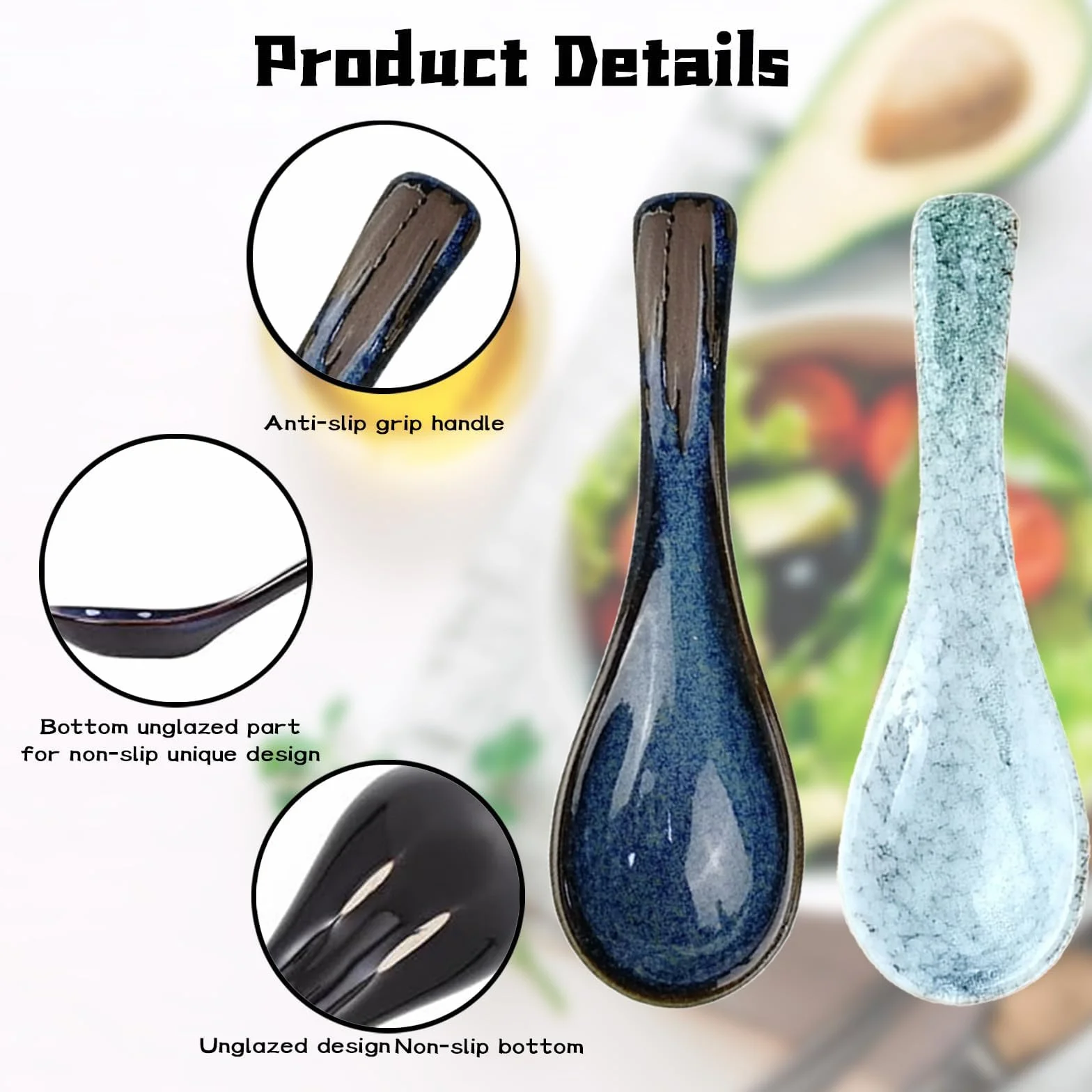 Ceramiczne łyżki do zupy azjatyckie niebieskie retro - zestaw 4 szt. do Ramen, Pho, Wonton
