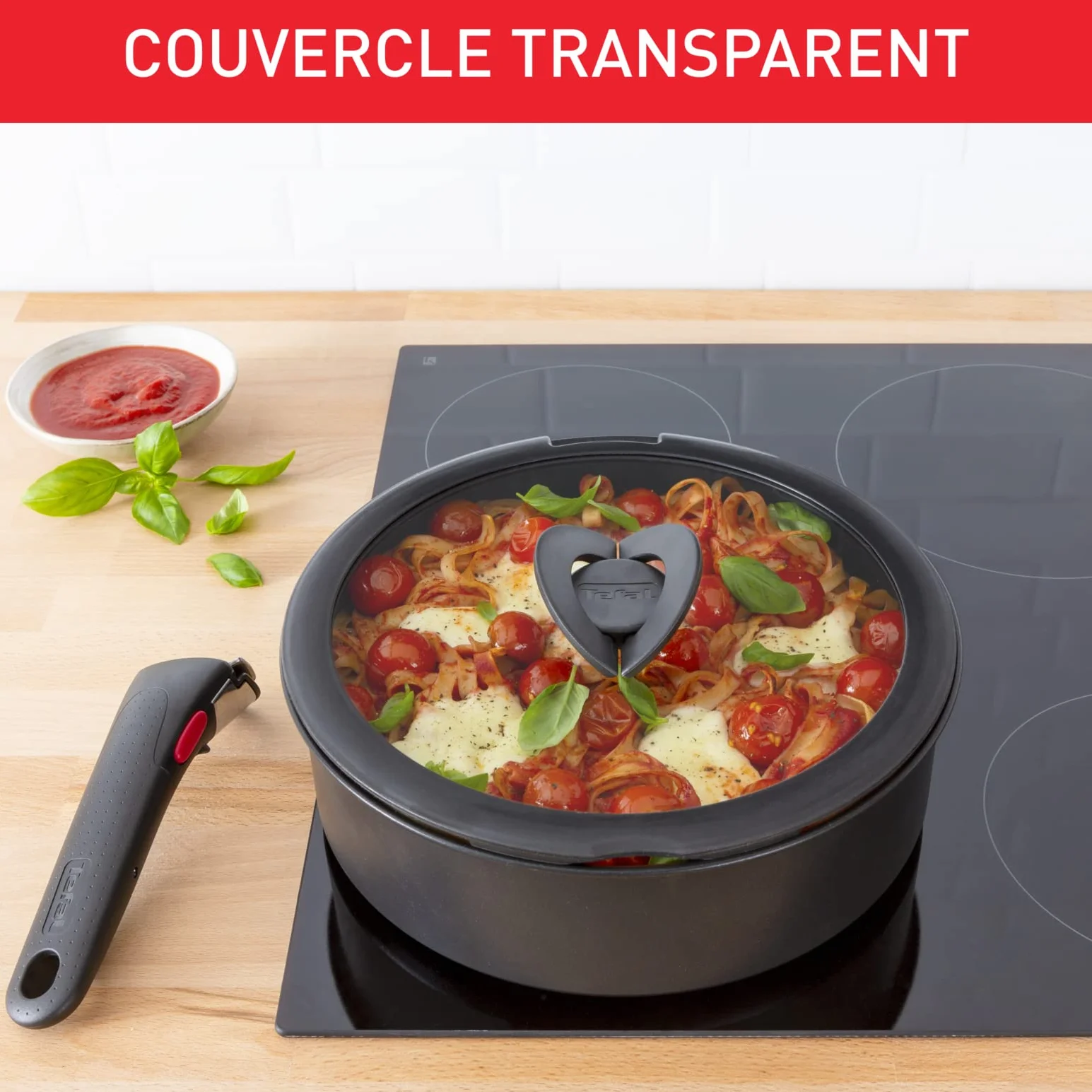Tefal Ingenio Szklana pokrywka 16 cm składany uchwyt kompatybilne zmywarka przezroczysta czarna
