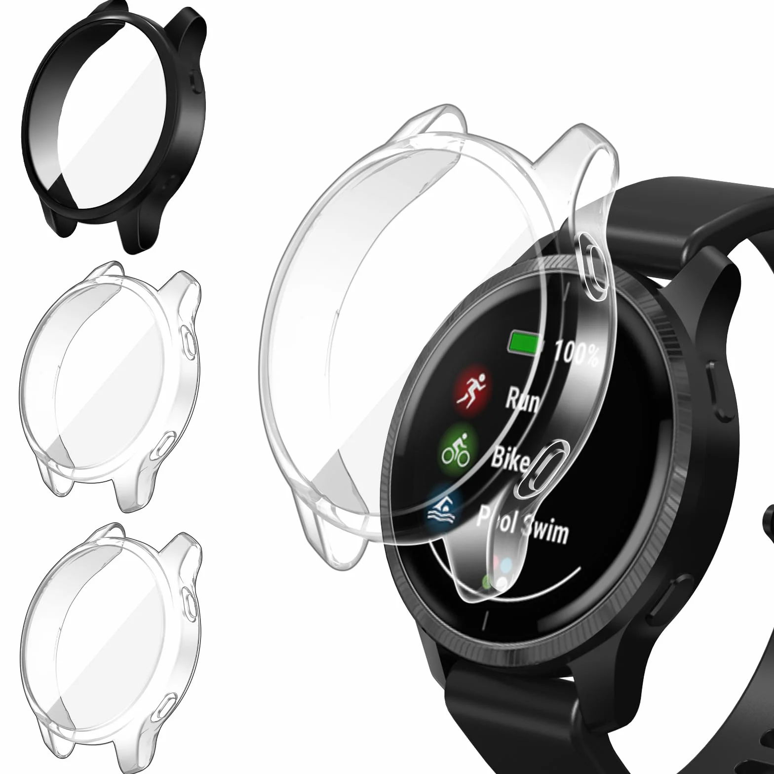 iVoler 3 sztuki etui z folią ochronną do Garmin Venu, pełne pokrycie, odporne na uderzenia i zarysowania, ultracienkie, miękkie etui ochronne z termoplastycznego poliuretanu (TPU), 2 przezroczyste + 1