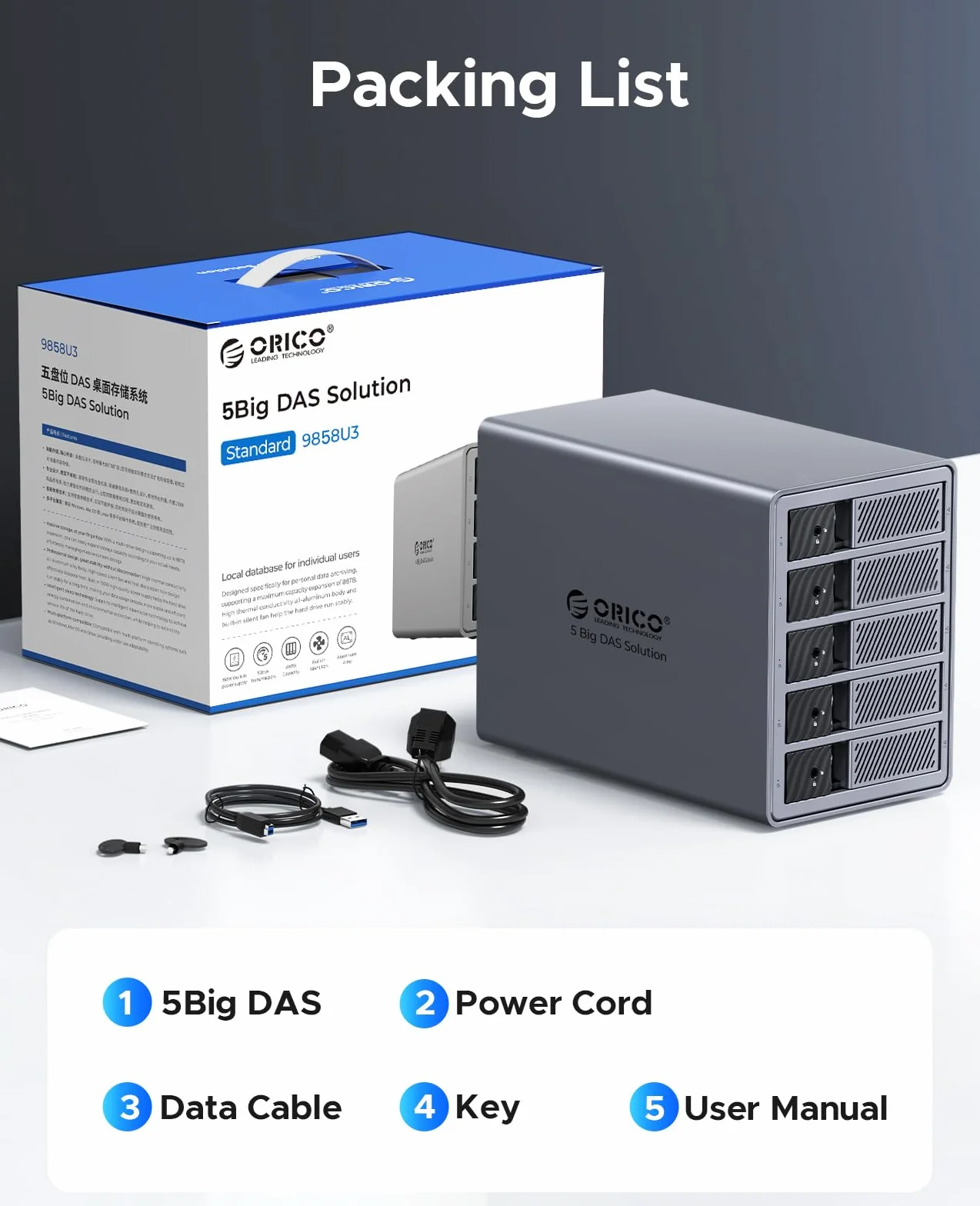 ORICO Aluminiowa Obudowa na Dyski Twarde dla 5 Dysków, Stacja Dokująca USB 3.0 dla Dysków 3.5 Cala do 22 TB Kompatybilna z MacOS i Windows (9858U3)