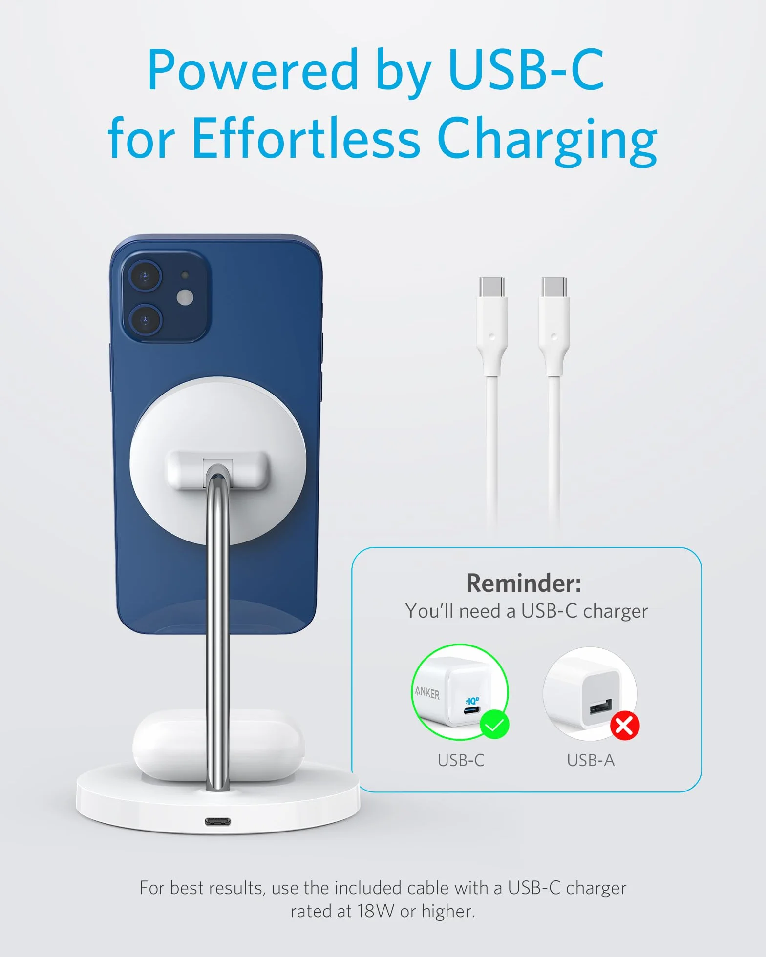 Anker PowerWave magnetyczna stacja ładująca 2 w 1, bezprzewodowa stacja ładująca, ładowarka z kablem USB C o długości 150 cm, kompatybilna z iPhone 13/13Pro/13 Pro Max/13 Mini i AirPods 2/Pro (bez zasilacza)