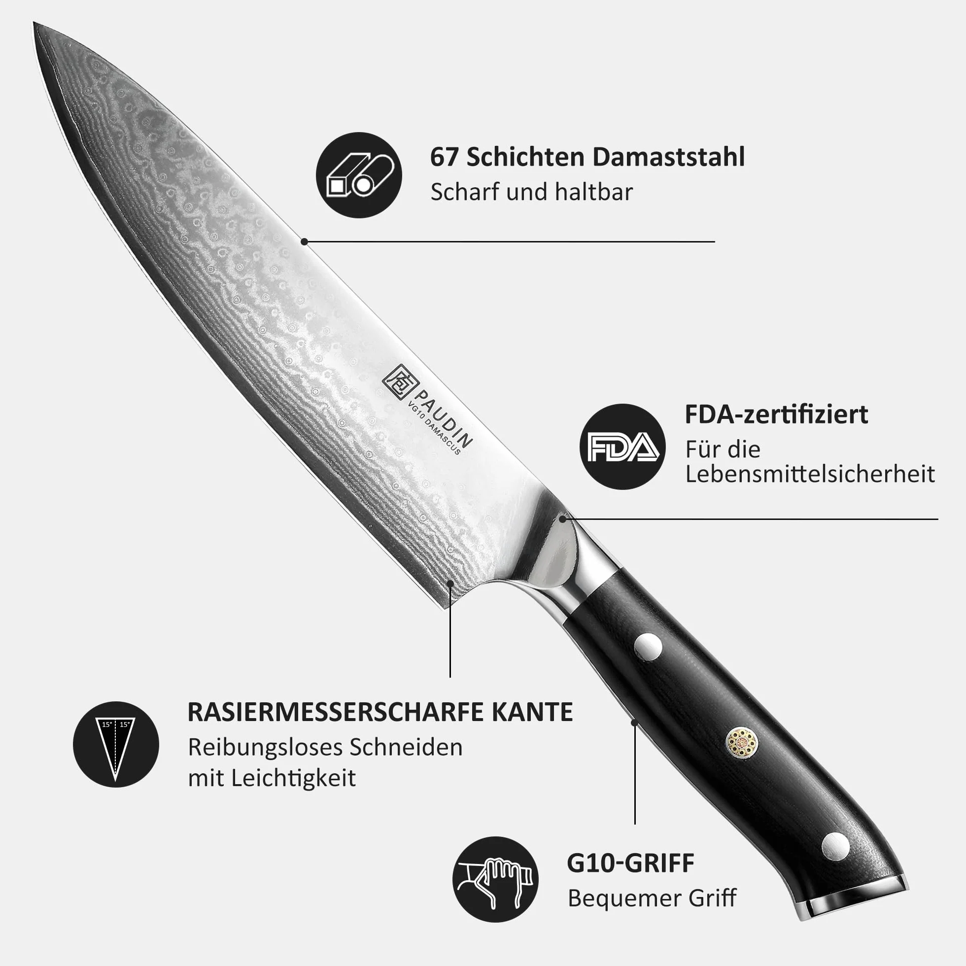 PAUDIN Nóż ze stali damasceńskiej, nóż szefa kuchni, z ergonomicznym uchwytem G10, 20 cm