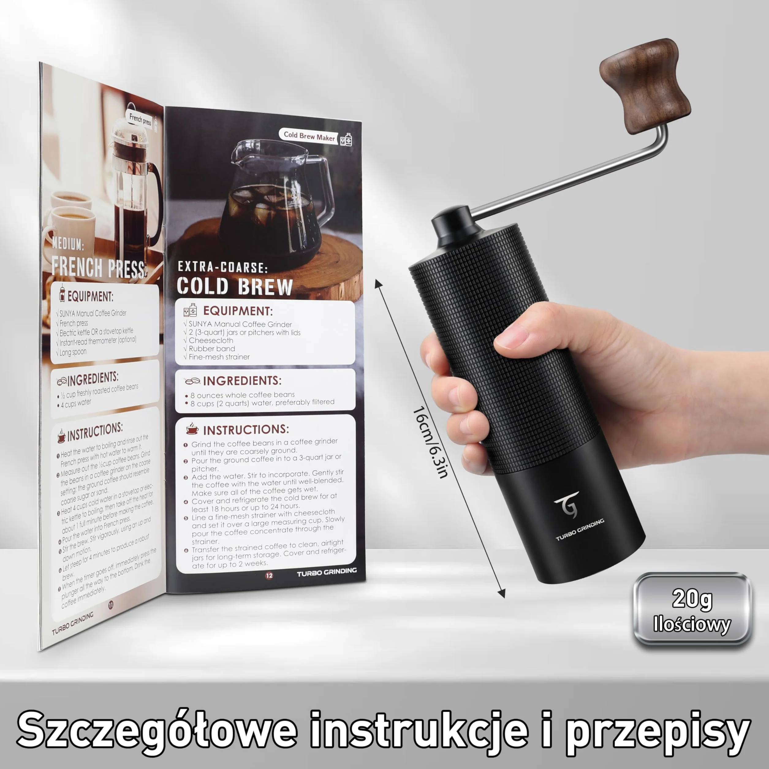 SUNYA Ręczny młynek do kawy ze stożkowym zadziorem ze stali nierdzewnej, regulowane ustawienia MCG-02 Czarny