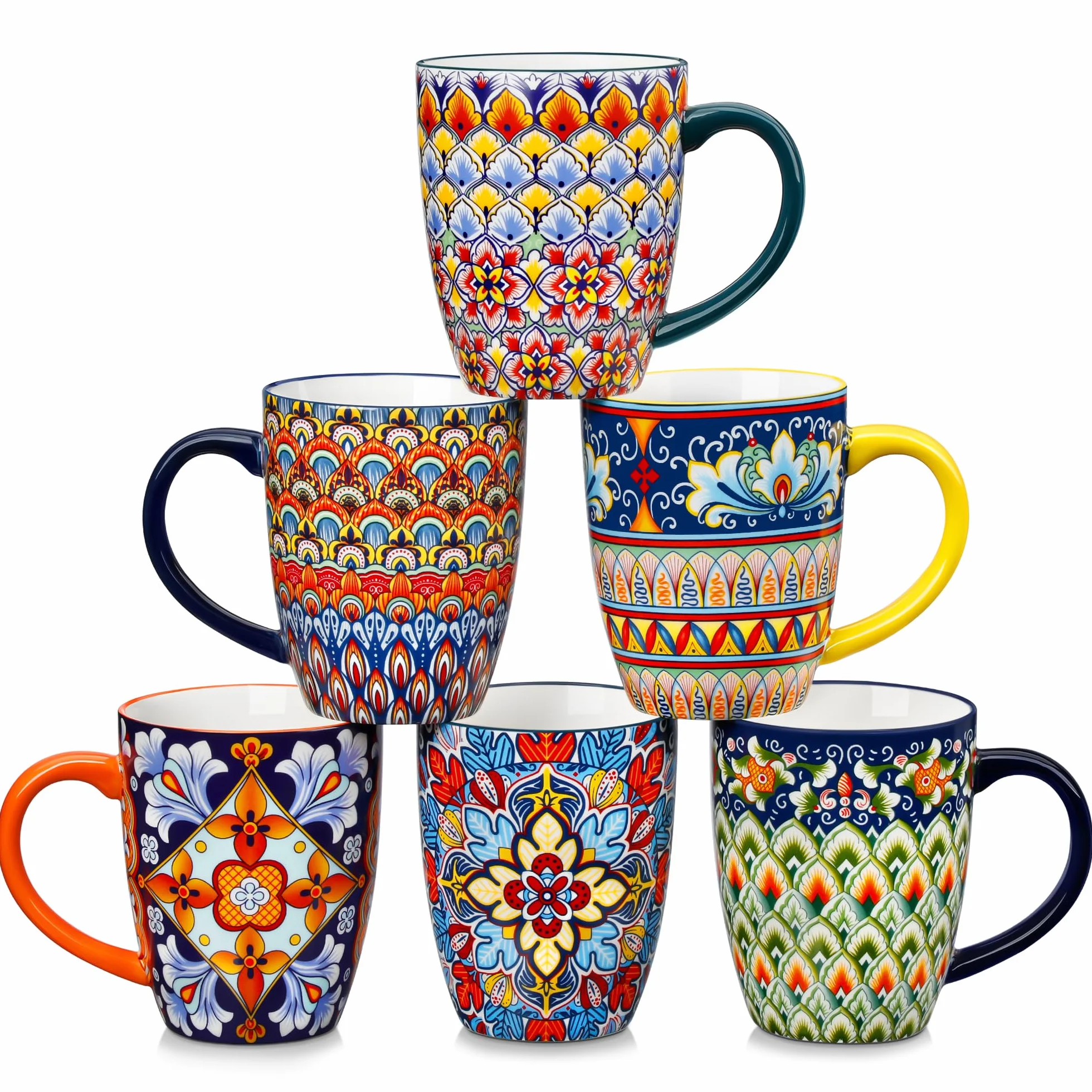 vancasso SIMI Zestaw 6 porcelanowych kubków do kawy, 480 ml, w stylu boho, z uchwytem, nadają się do kuchenki mikrofalowej i zmywarki, nadają się do wszystkich rodzajów napojów