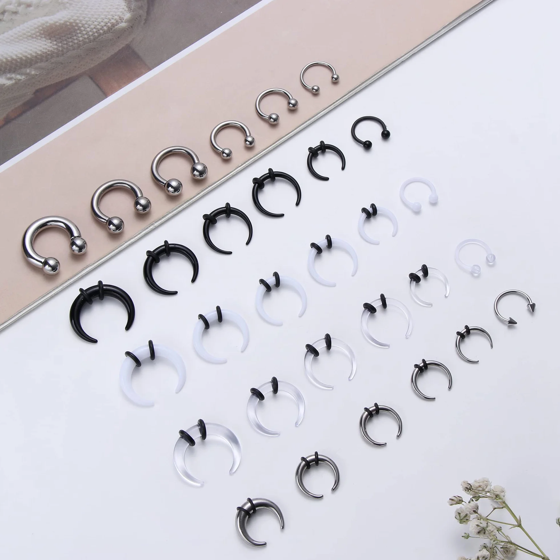 Adramata 30 szt. 16G-6G Kolczyki z akrylu, zwężające się kolczyki do septum, podkowy, kolczyki do nosa, kolczyki do nosa, stal chirurgiczna, zestaw do piercingu septum, kolczyki do uszu, pręt do