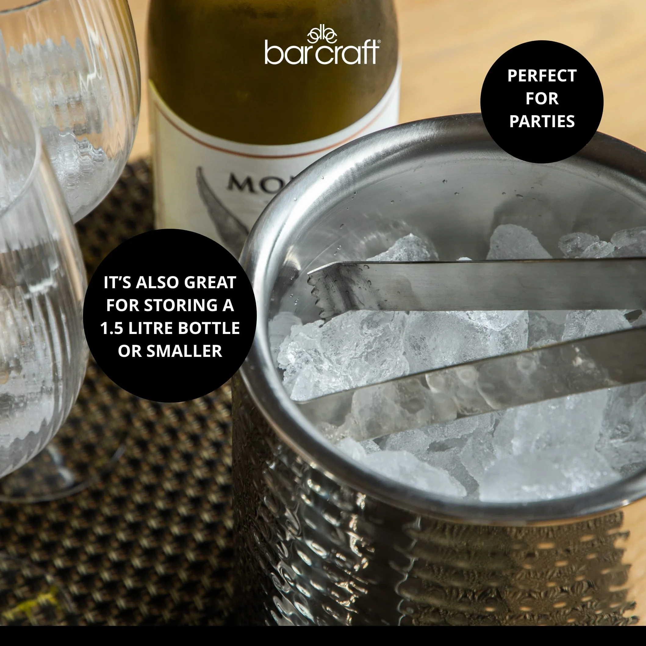 BarCraft Wiadro do lodu ze stali nierdzewnej 1,5 l z pokrywką i szczypcami srebrne