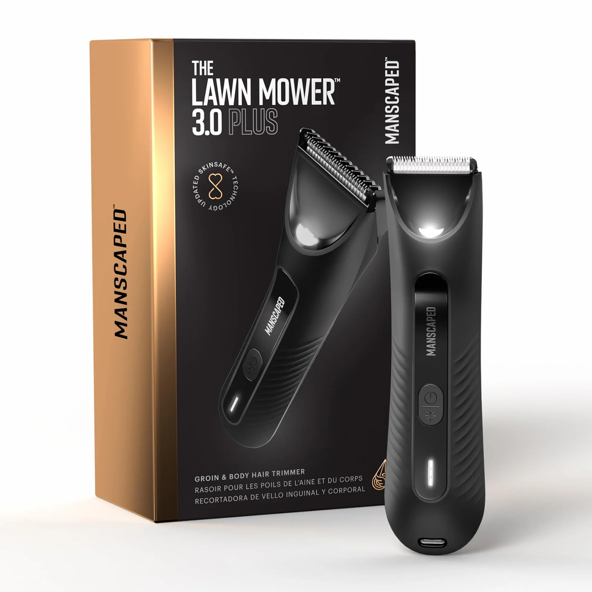 MANSCAPED® The Lawn Mower® 3.0 PLUS Trymer do pachwin i ciała – Zaktualizowane ostrze trymera SkinSafe®, Wodoodporna maszynka do golenia, Akumulator USB-C, Bezprzewodowa golarka męska z kulką