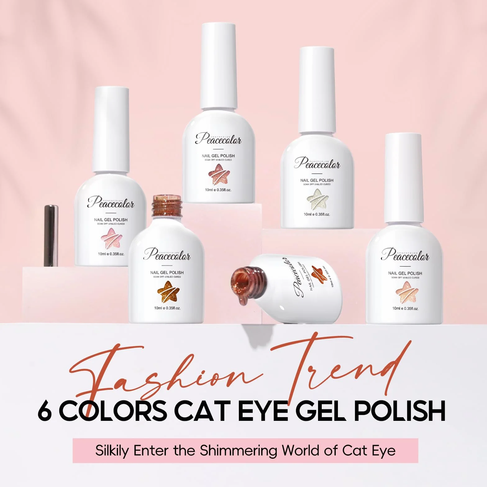 PEACECOLOR Lakiery żelowe Cat Eye, 6 kolorów, brązowe, różowe, magnetyczne, zmywalne, UV/LED, holograficzne lakiery żelowe Cat Eye z magnesem do zdobień paznokci w salonie i w domu, 10 ml