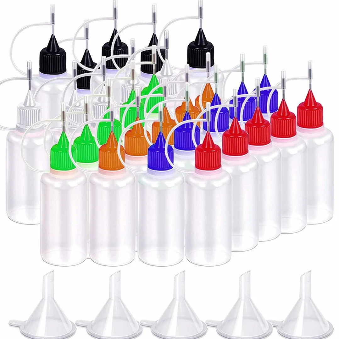 Gebildet Precyzyjne końcówki aplikatora, 30 przezroczystych butelek 10 ml i 30 kolorowych końcówek, z 5 mini lejkami do majsterkowania, quillingu, majsterkowania, malowania akrylowego