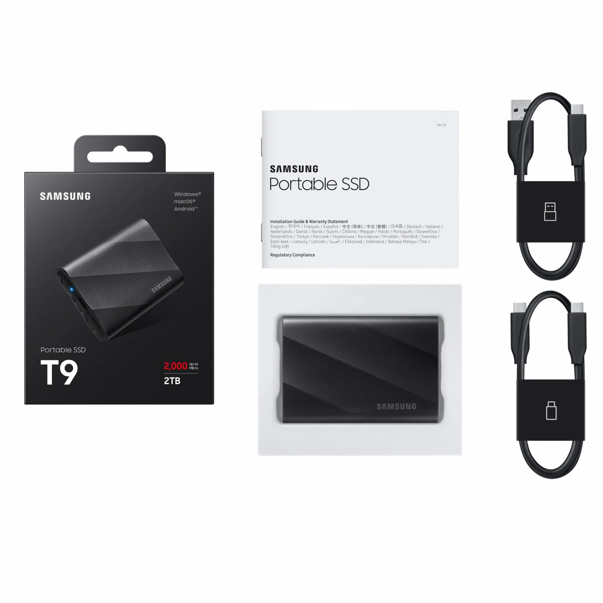 Przenośny dysk SSD Samsung T9, 2 TB, prędkość odczytu 2000 MB/s, prędkość zapisu 2000 MB/s, USB 3.2 Gen 2x2, dla profesjonalistów, zgodny z komputerami Mac, PC, smartfonami, kamerami 12K, MU-PG2T0B/EU