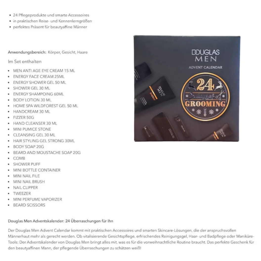Douglas Adv Męski kalendarz Beauty – ekskluzywna edycja – 24 produkty do pielęgnacji kosmetyków, kalendarz adwentowy dla mężczyzn, kalendarz bożonarodzeniowy o wartości 140 €, dla mężczyzn