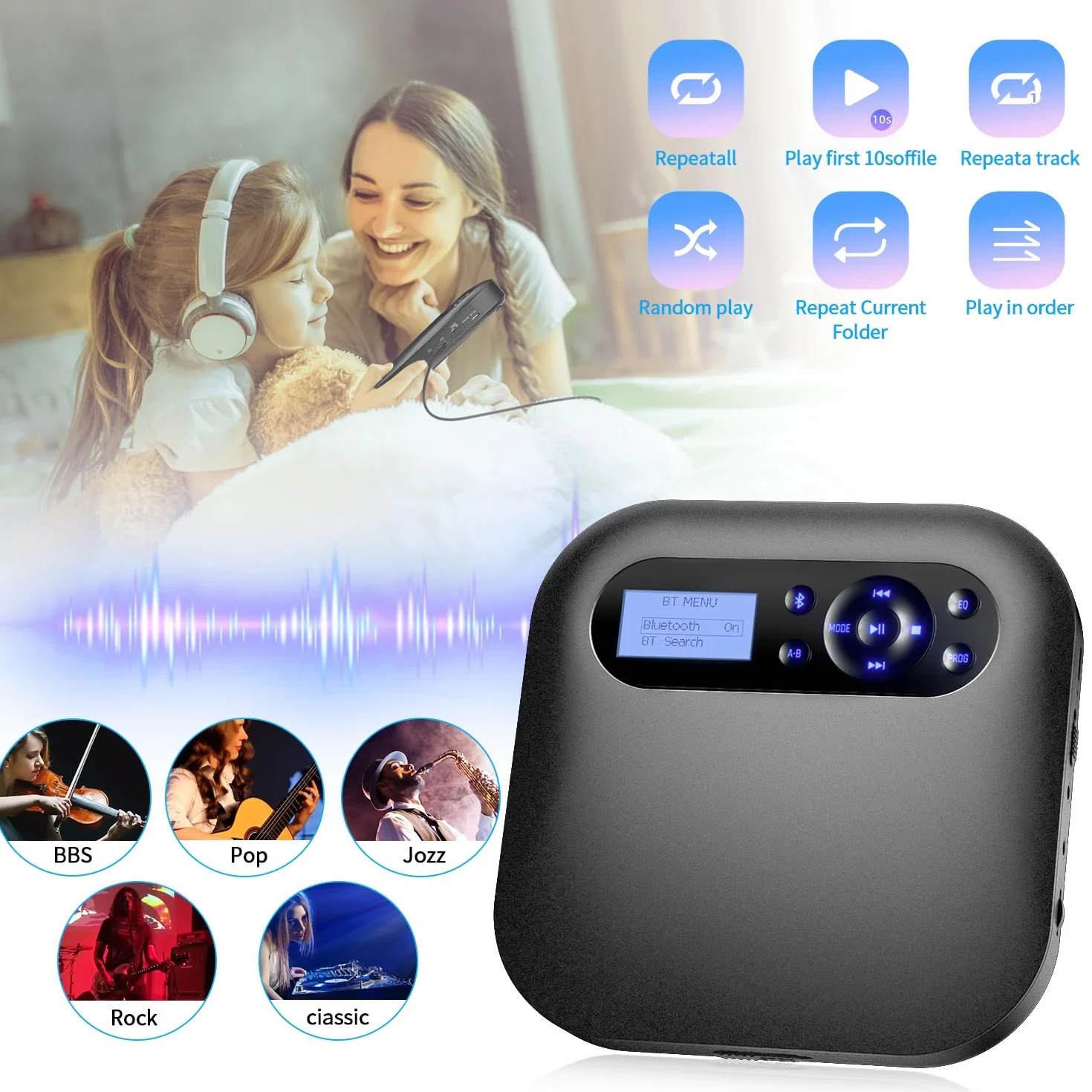 DESOBRY Przenośny odtwarzacz CD Bluetooth z głośnikami, akumulatorowy Discman do samochodu z FM, Anti-Skip, ekran LCD, odtwarzacz CD z dwoma gniazdami słuchawkowymi