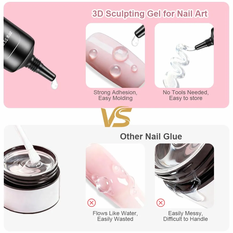 LOPHE Żel 3D Nail Art 15 ml, wielofunkcyjny żel do paznokci strasu, klej charms do rzeźbienia paznokci, modelowania paznokci, chromowany proszek do paznokci