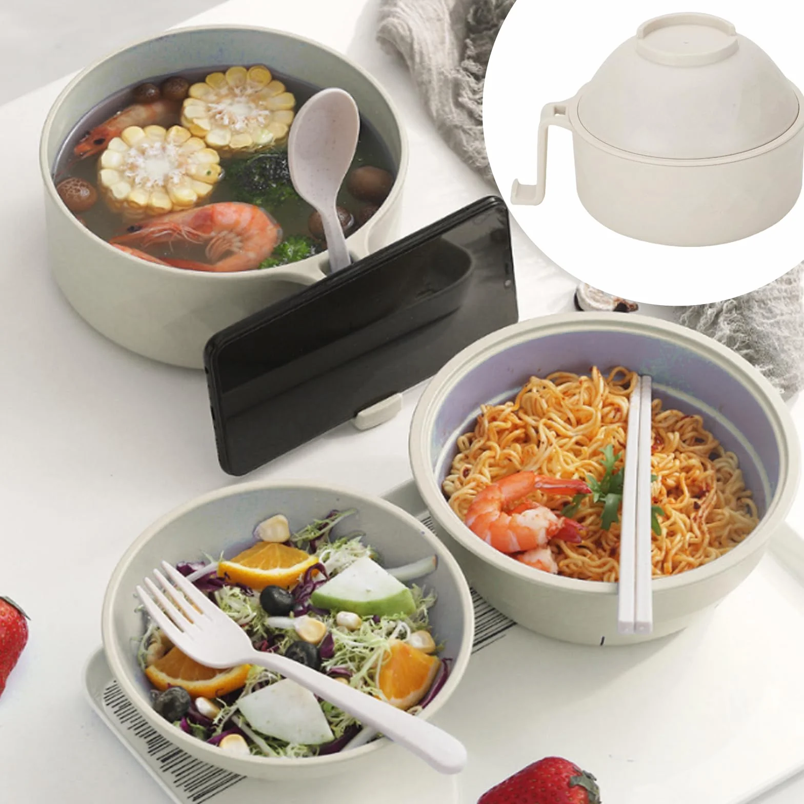 Miska do makaronu i ramenu instant, Microwave Ramen Bowl z pokrywką, japońska miska na zupę z pałeczkami, zabezpieczona przed wyciekiem