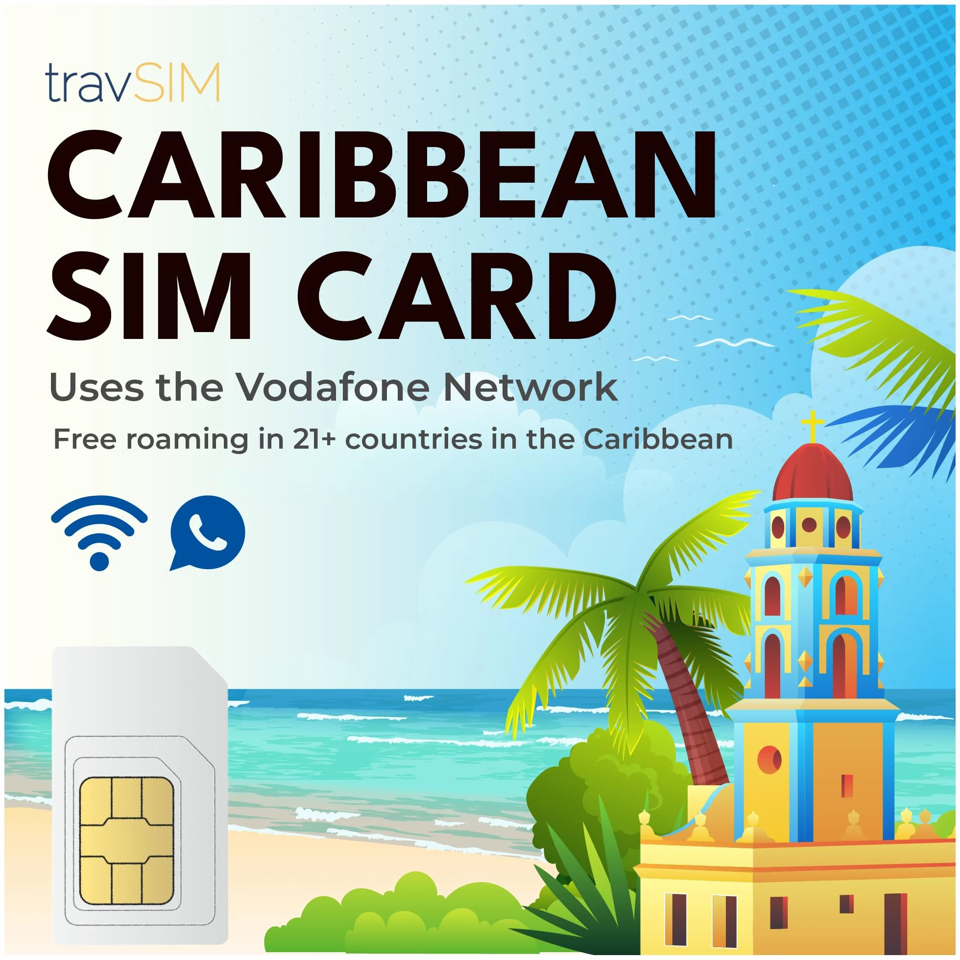 travSIM Karta SIM Caribbean | Sieć Vodafone | 25 GB danych z prędkością 4G/5G | Bezpłatny roaming w ponad 21 krajach na Karaibach | Plan na karcie SIM dla Karaibów jest ważny przez 14 dni