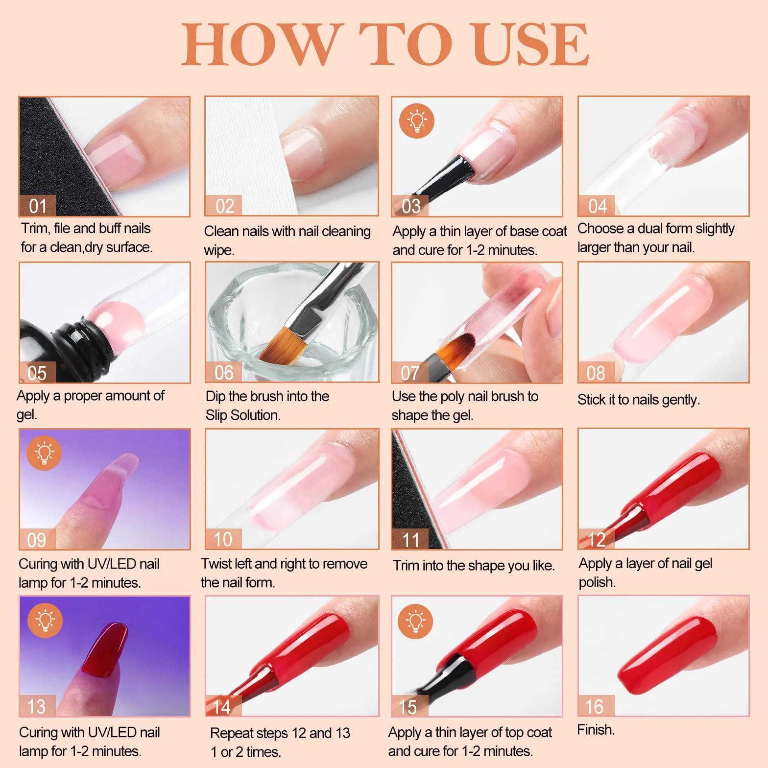 COSCELIA Kompletny zestaw do manicure, 6 szt., półtrwały lakier biały, czerwony, różowy, czarny, 3 szt. żelowych paznokci z lampą do paznokci