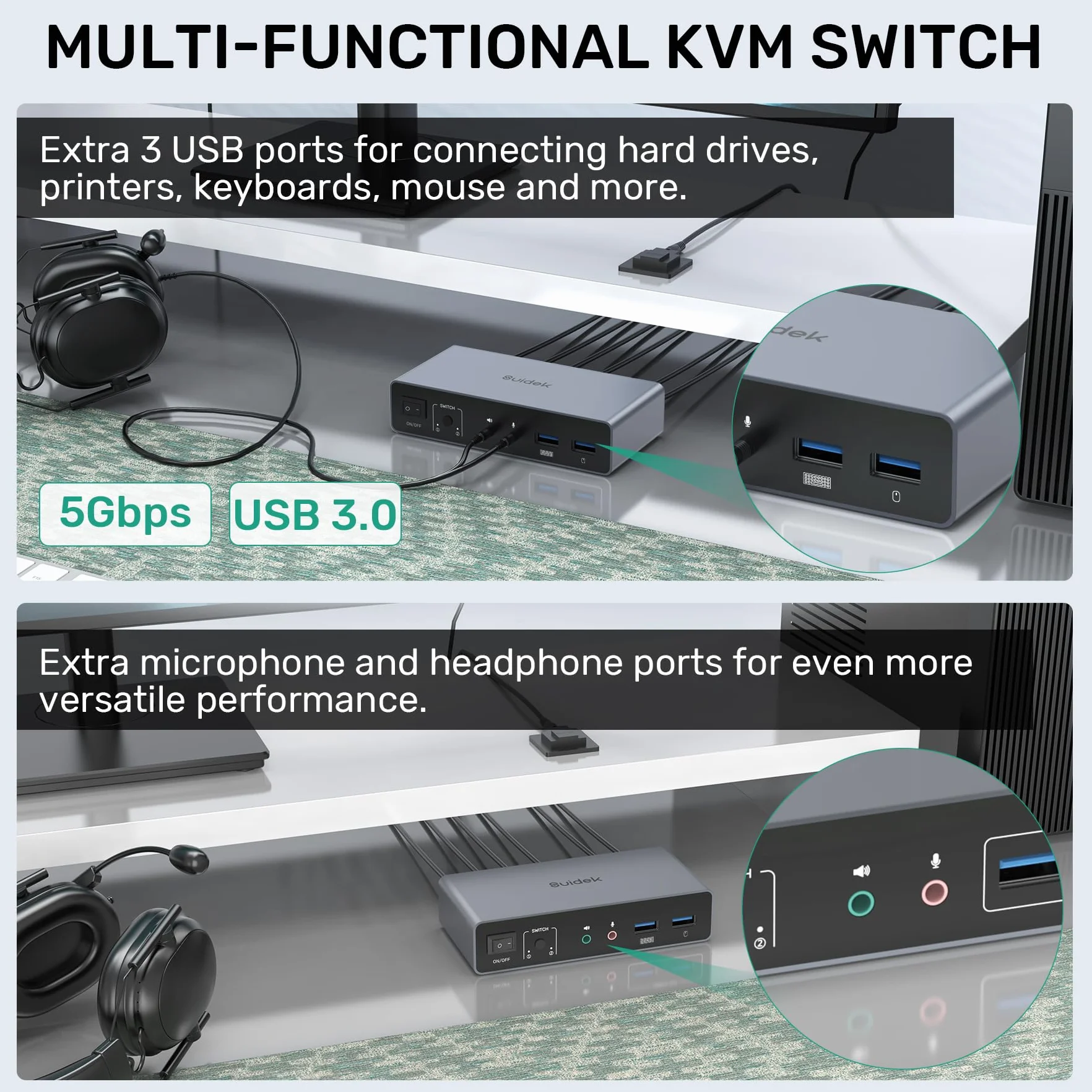 SUIDEK Przełącznik HDMI Displayport KVM, 2 komputery, 2 monitory, 4K 60 Hz, przełącznik KVM, podwójny monitor do 2 PC, 3 porty USB 3.0, obsługa trybu Extended/Mirror z kontrolerem na pulpicie i 2