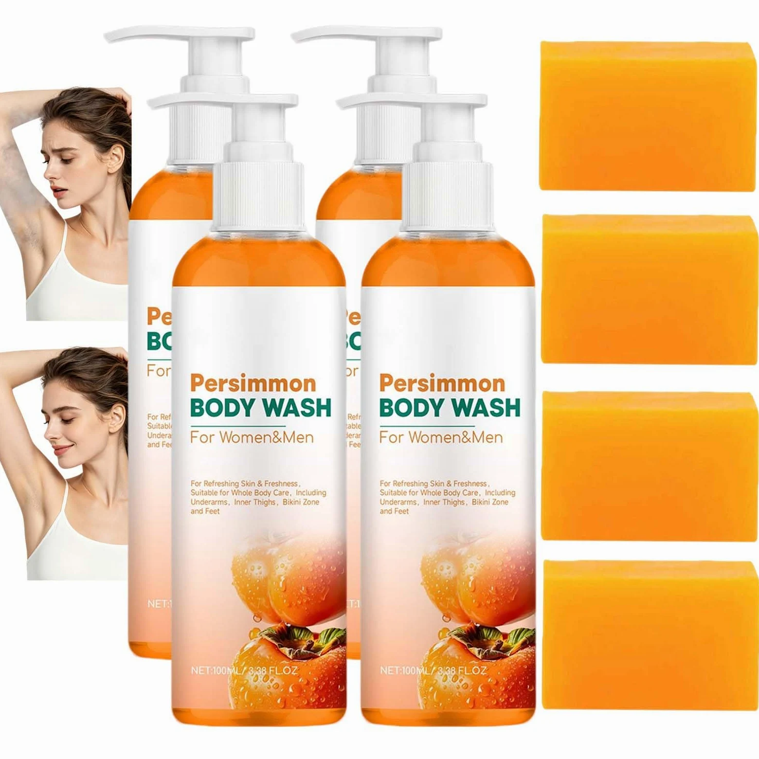 Mydło persimmon Bar Body Wash, naturalny zapach ciała, eliminuje starzenie się zapachów, dezodoryzuje i oczyszcza, delikatne czyszczenie, kontrola zapachu ciała, odświeżający ciało, długi (4 szt.)