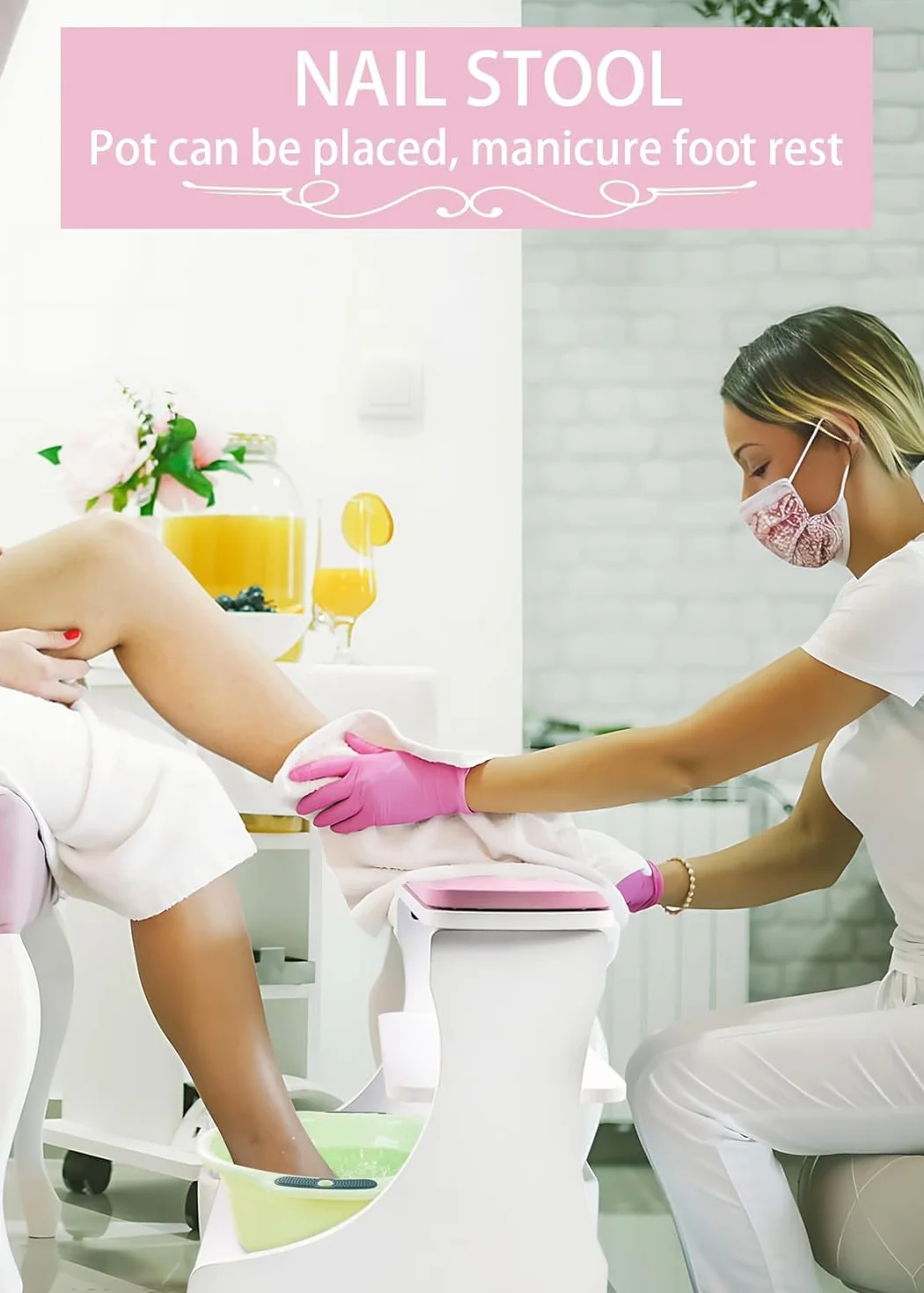 Kalolary Pedicure Foot Rest, Manicure Foot Rest with Wheels Pu Skórzana domowa piękno podnóżka podnośnik stołek stołowy do łatwego użycia salonu domowego