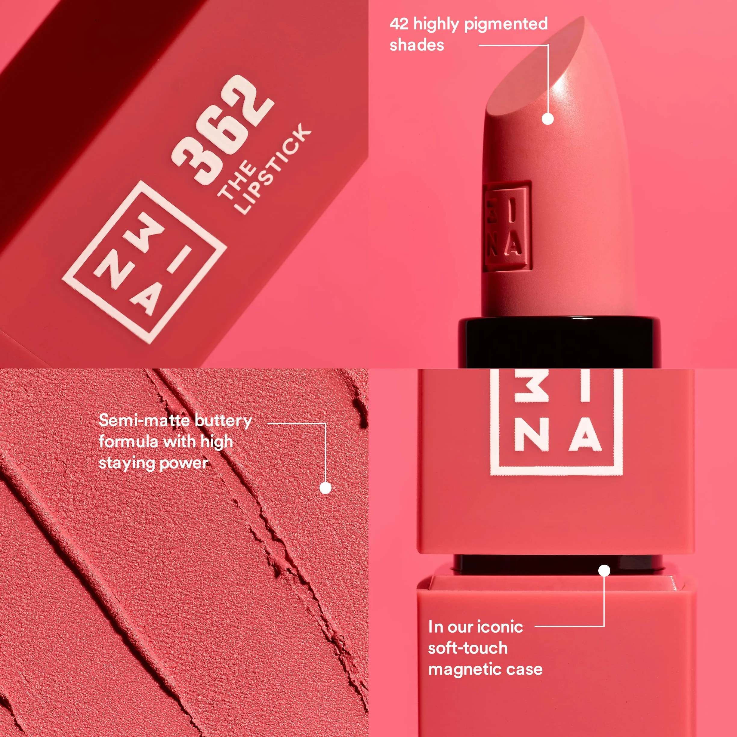 3INA MAKEUP - The Lipstick 734 - Głęboka zimowa zieleń pomadka z witaminą E i masło Shea -wysokie krycie z wygodną teksturą - magnetyczną nasadką - Wysoko krycie - Vegan - Cruelty Free
