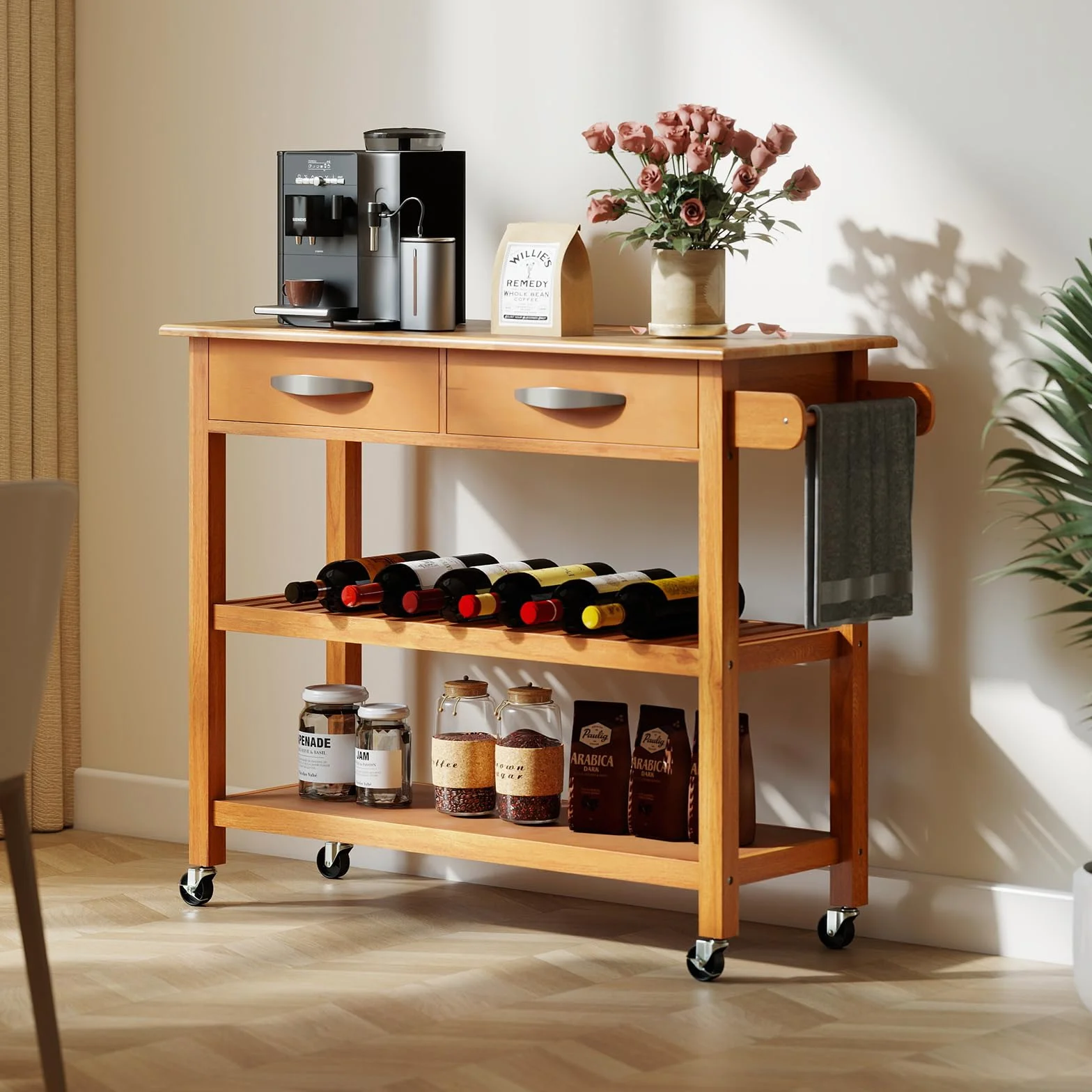 COSTWAY Drewniany wózek kuchenny z blatem roboczym 2 szuflady 2 półki wieszak na ręczniki 116x43x89 cm