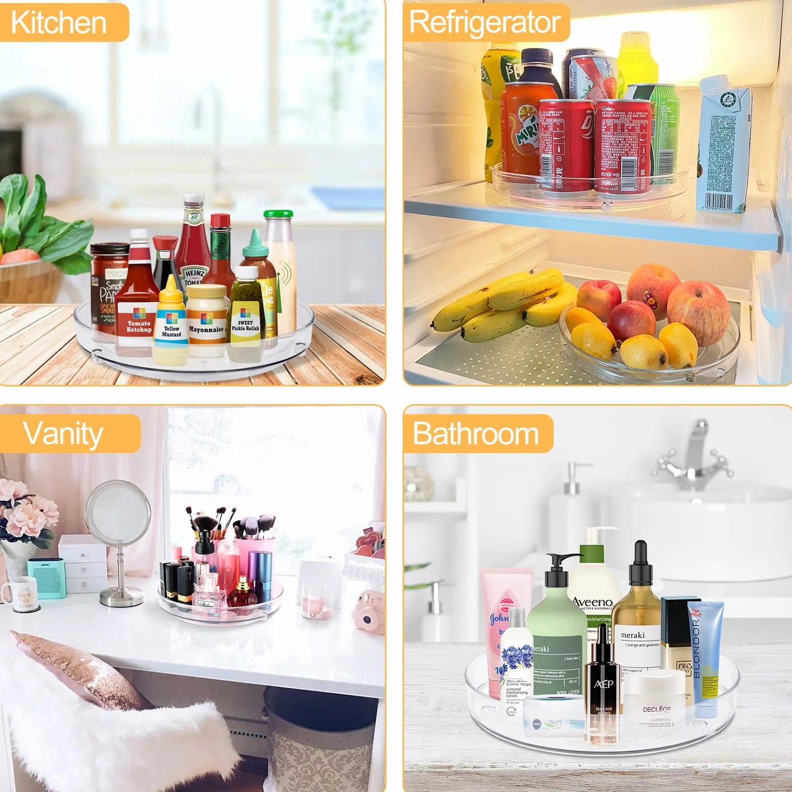 Dreamhigh Lazy Susan organizer na talerze obrotowe, 2 sztuki, 23 cm + 27 cm, obrotowy regał na przyprawy, do szafki kuchennej, lodówki