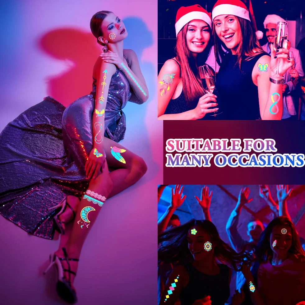 ACWOO Fluorescencyjne tatuaże tymczasowe, 9 arkuszy różnych wzorów neonowy naklejki UV, wodoodporne naklejki dla kobiet i dzieci, makijaż