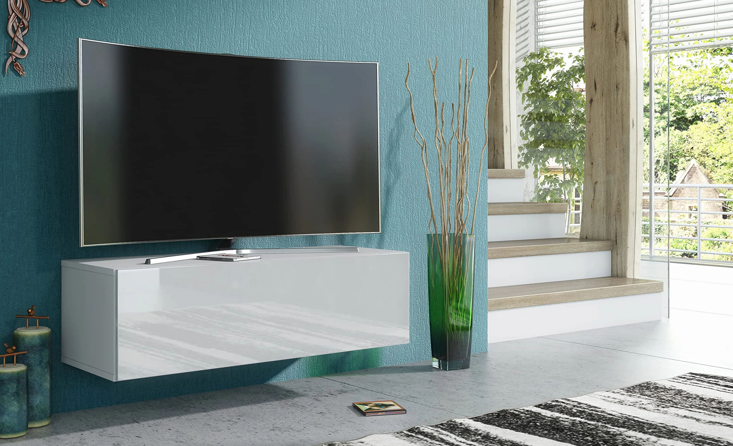 Meble Masztalerz Wisząca Szafka RTV 100 cm Biała Fronty na Wysoki Połysk Szafka pod Telewizor Nowoczesna 100 x 30 x 36,5 cm