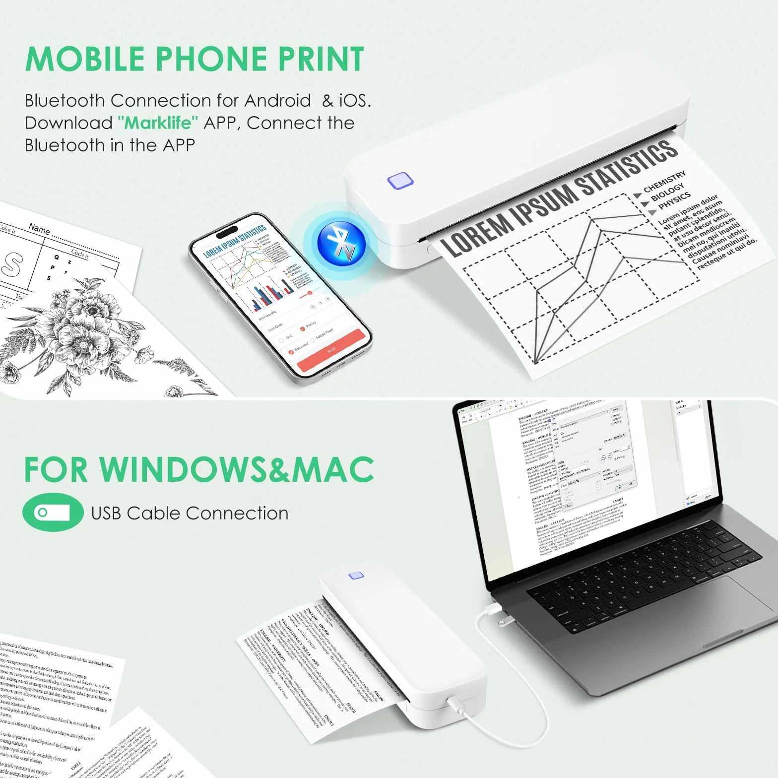 GuKKK Przenośna drukarka termiczna A4, mała drukarka termiczna z Bluetooth, mobilna drukarka bezprzewodowa, obsługuje drukarkę termiczną A4 210 x 297 mm, kompatybilna z systemem Android i iOS, do