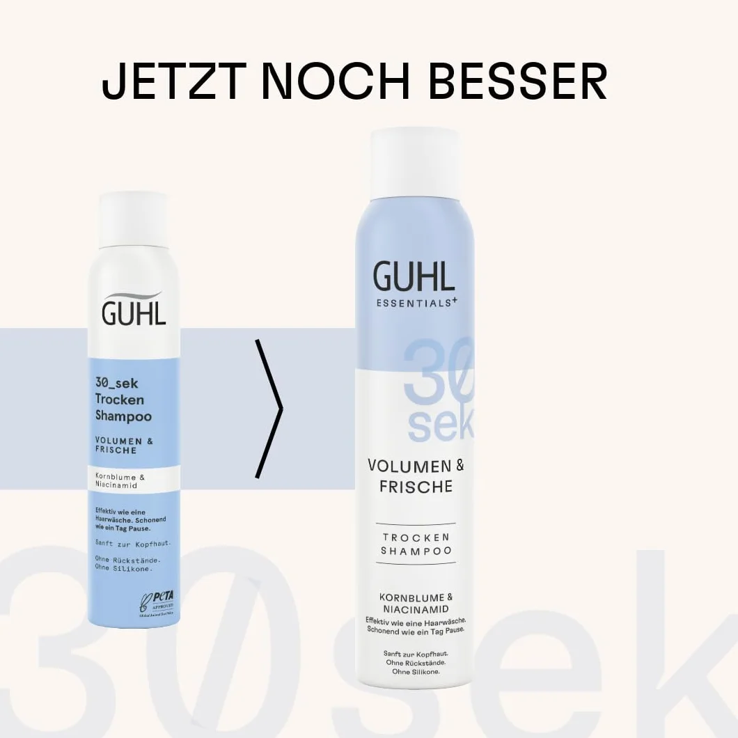 Guhl 30 s suchy szampon – objętość i świeżość – zawartość: 200 ml – niacynamid i chaber – skuteczny jak mycie włosów – delikatny jak dzień przerwy – bez pozostałości – bez silikonów