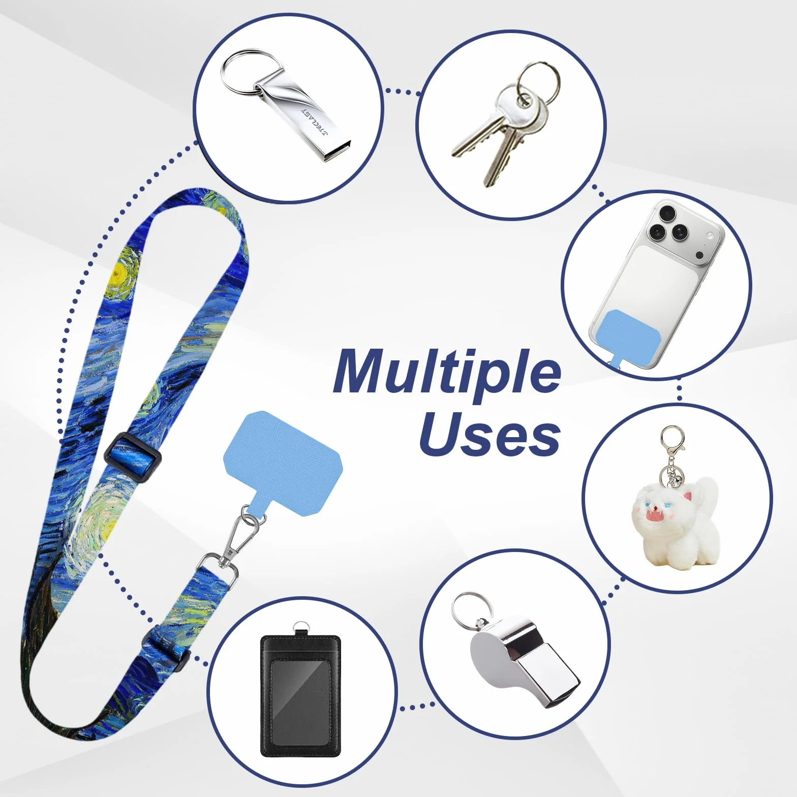 flintronic Smycz do telefonu komórkowego, regulowana smycz z 4 naszywkami, regulowany, uniwersalny pasek do telefonu komórkowego, pasek na szyję, Crossbody, pasek na nadgarstek, kompatybilna z