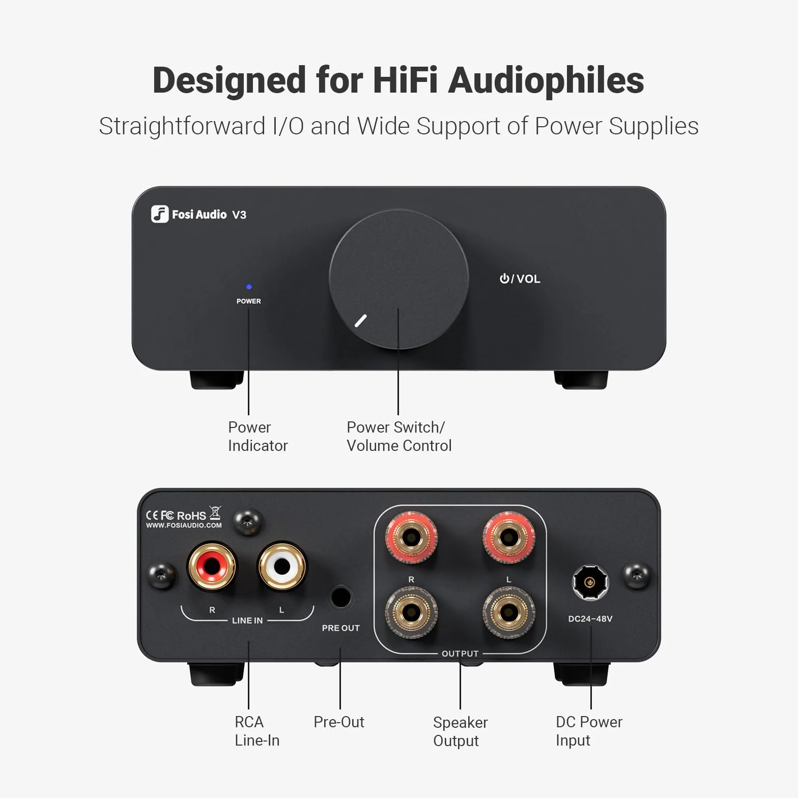 Fosi Audio V3 Wzmacniacz Stereo Domowy Sprzęt Audio 300W x2 Moc TPA3255 Mini Głośnik Klasy D Wzmacniacz 2.0CH Komponent Audio do Pasywnych Głośników Regałowych Zestaw Kina Domowego z Zasilaczem 32V