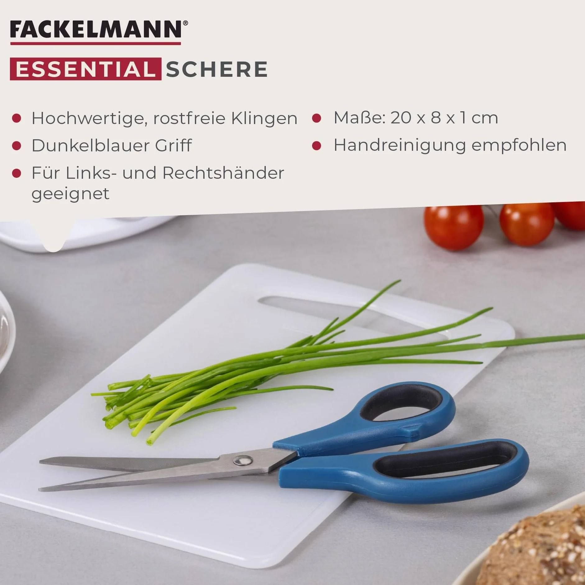 Fackelmann Nożyczki Essential do kuchni, gospodarstwa domowego i miejsca pracy – ostre, nierdzewne ostrza, ergonomiczny uchwyt, ciemnoniebieskie, 20 cm