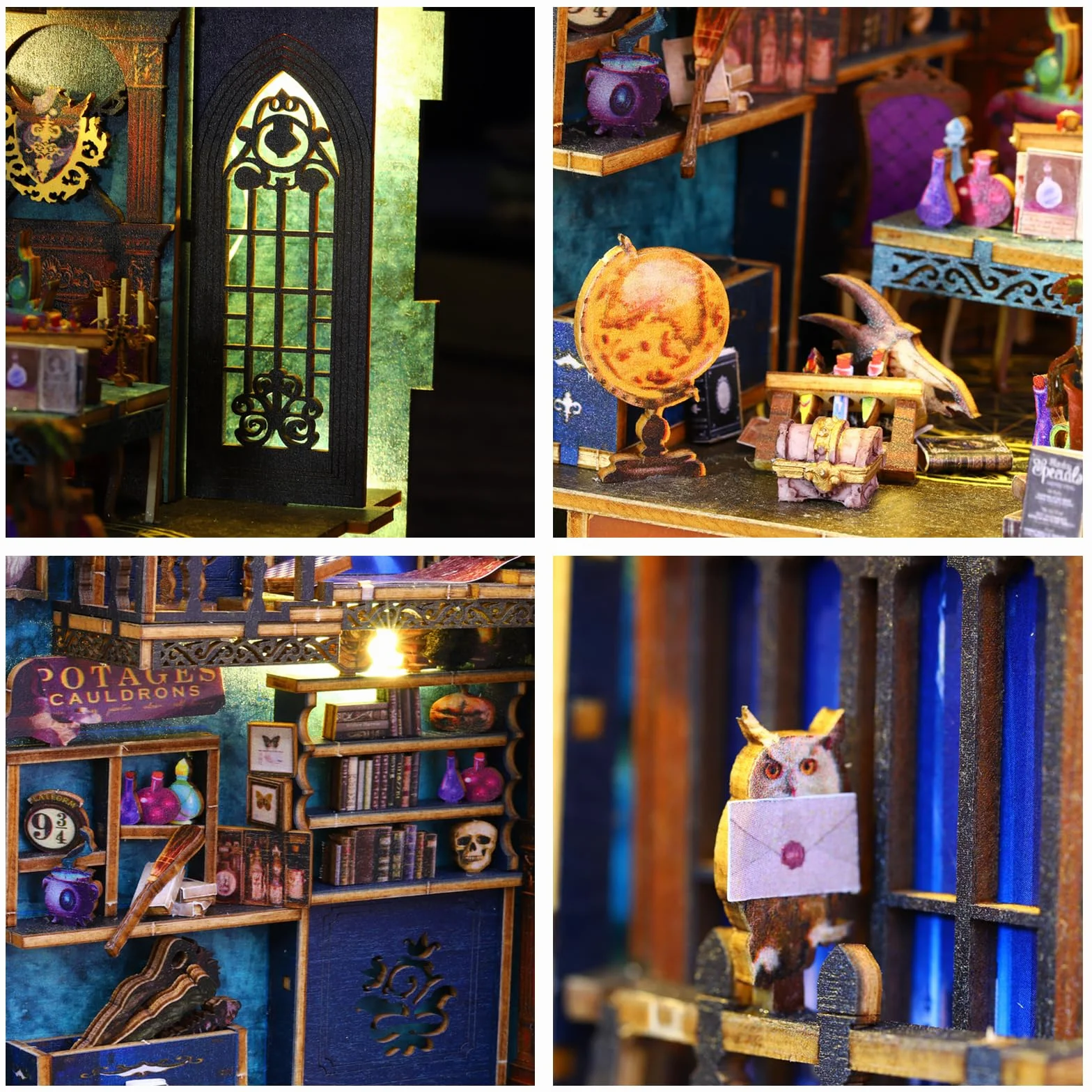 CUTROOM Book Nook Kit ze światłami LED Magic Market DIY miniaturowy zestaw do domku dla lalek drewniane puzzle 3D podpórka na książki regał na książki SL009-EU