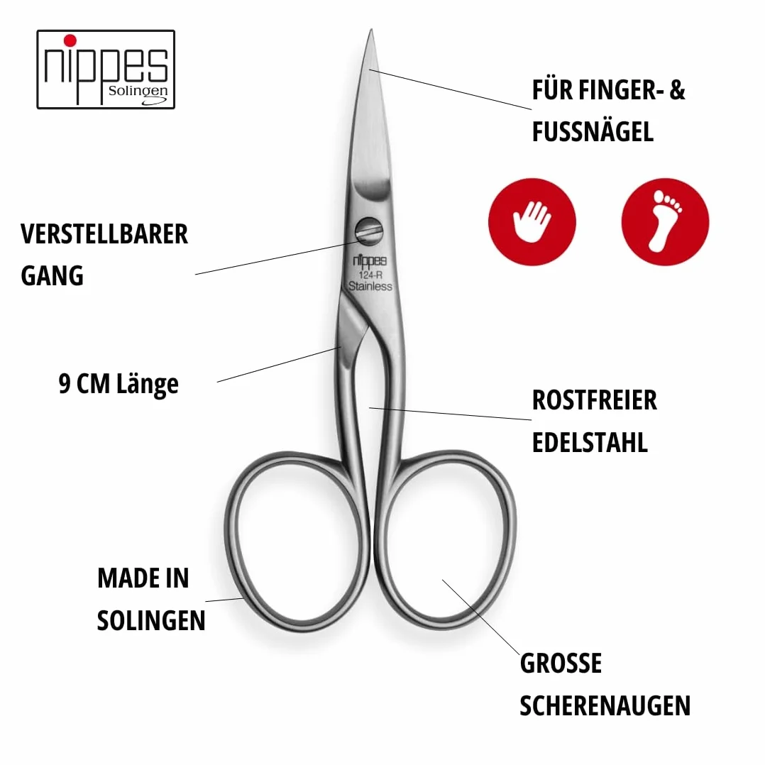 Nippes Solingen Nożyczki do paznokci do manicure/pedicure, stal nierdzewna, długość 9 cm, do paznokci u rąk i stóp, nożyczki do paznokci z Solingen, wyprodukowano w Niemczech 124R