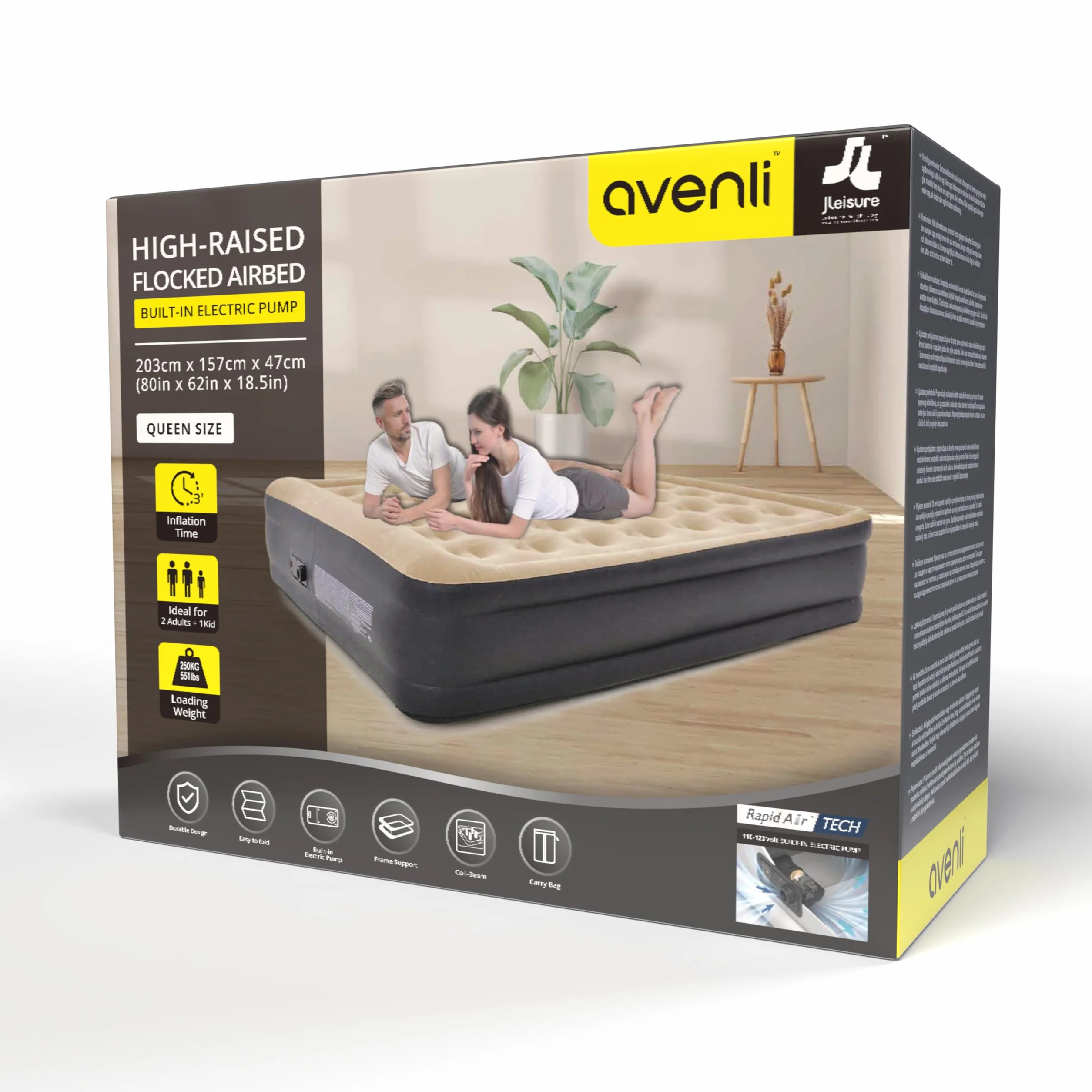 AVENLI Materac dmuchany 203x157x47 cm 2-osobowe nadmuchiwane łóżko z wbudowaną pompką elektryczną