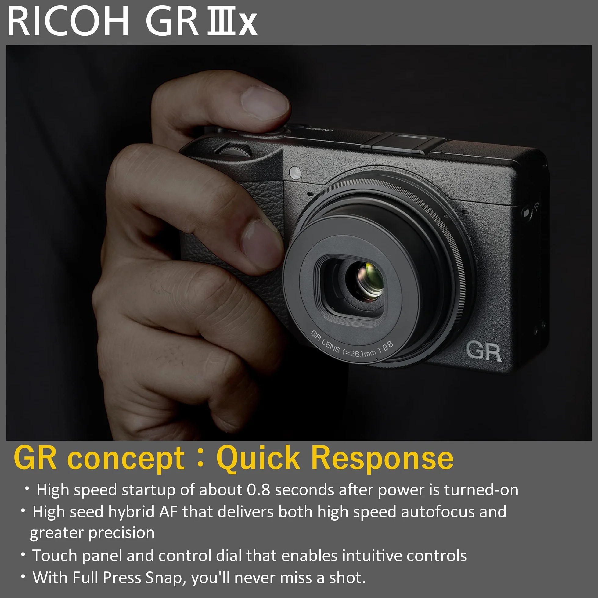 Ricoh Aparat cyfrowy GR IIIx [ogniskowa 40 mm] [Wyposażony w duży czujnik CMOS o rozmiarze 24,2 m APS-C ] [Najlepsza kamera z migawką] [Szybkie uruchamianie w około 0,8 sekundy] [Hybrydowy AF]